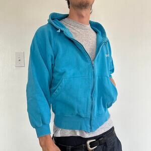 Vintage 80s ASICS Tiger Sporty Cropped Blue Cotton Zip Up Hoodie Sweatshirt